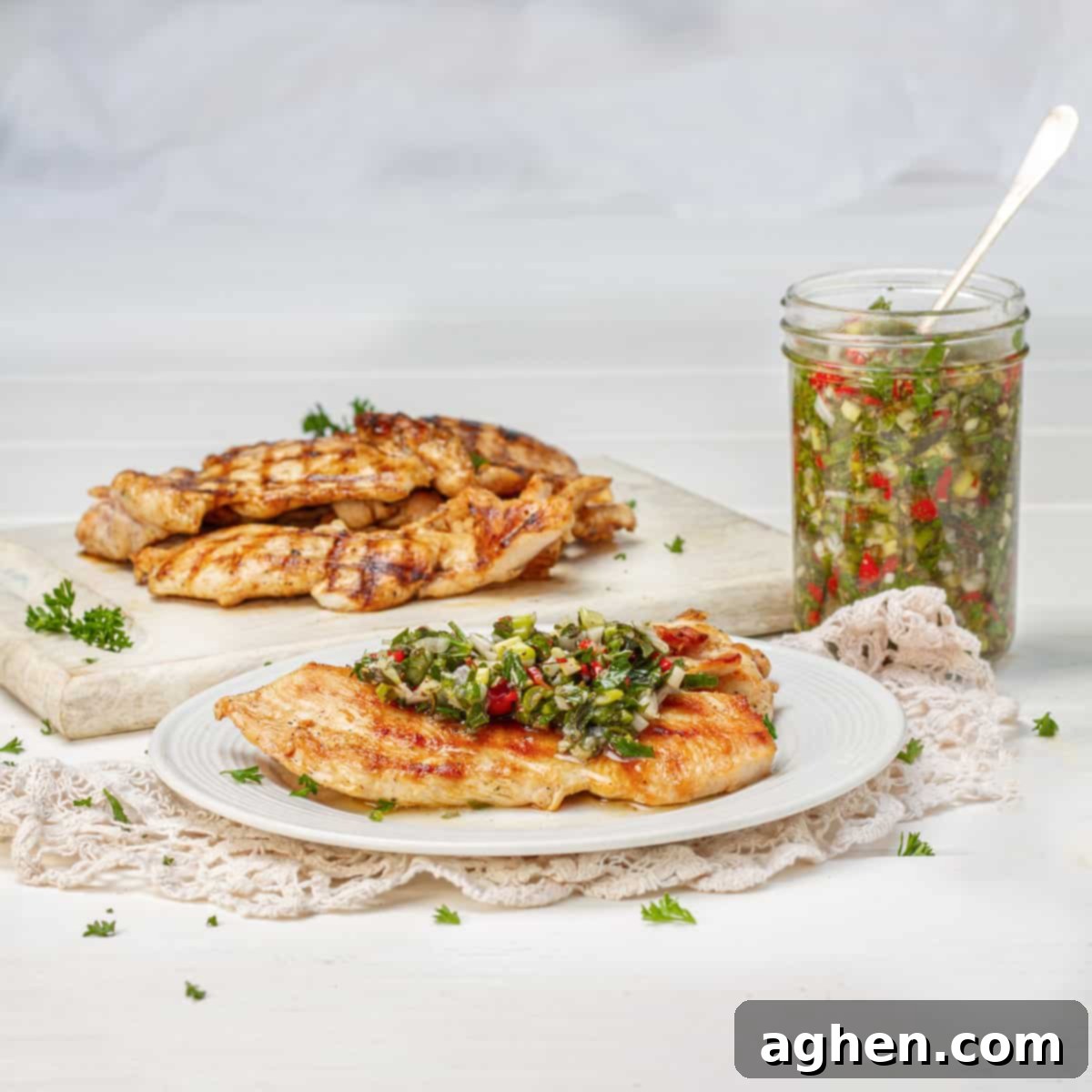 Chicken Chimichurri served on table in a plate and tray
