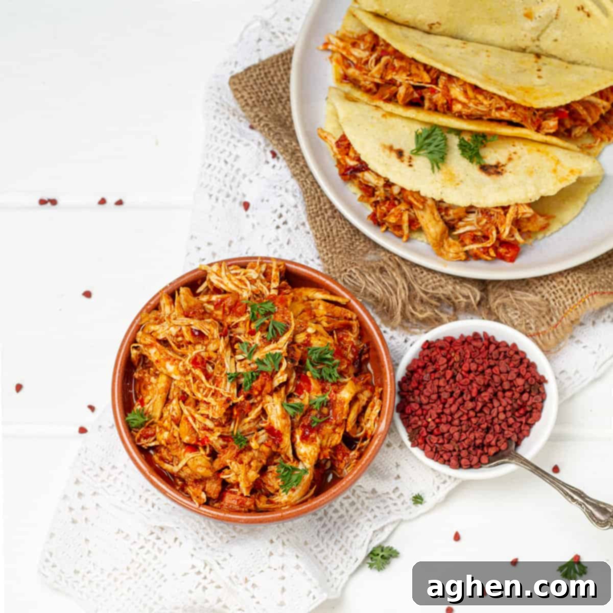 Chicken Pibil served hot in a bowl and with tortillas in a dish