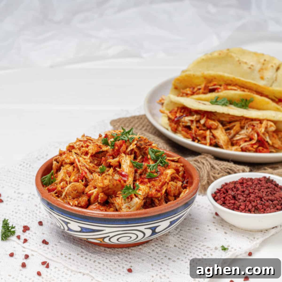 Chicken Pibil served hot in a bowl and with tortillas in a dish