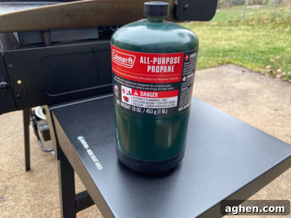 From Novice to Griddle Guru: 10 Hard-Earned Lessons After 3 Years on the Blackstone 4 A vibrant green propane tank sits conveniently next to the Blackstone griddle, ready for action.