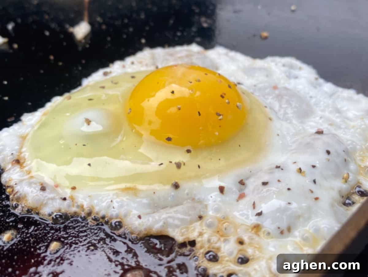 From Novice to Griddle Guru: 10 Hard-Earned Lessons After 3 Years on the Blackstone 7 Close up of a perfectly cooked fried egg with a rich, uncooked yolk, generously sprinkled with freshly ground black pepper on the Blackstone.