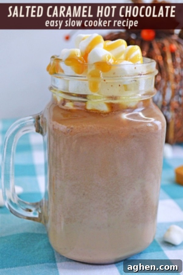 A rich and creamy salted caramel hot chocolate recipe that you can make easily right at home in your slow cooker.