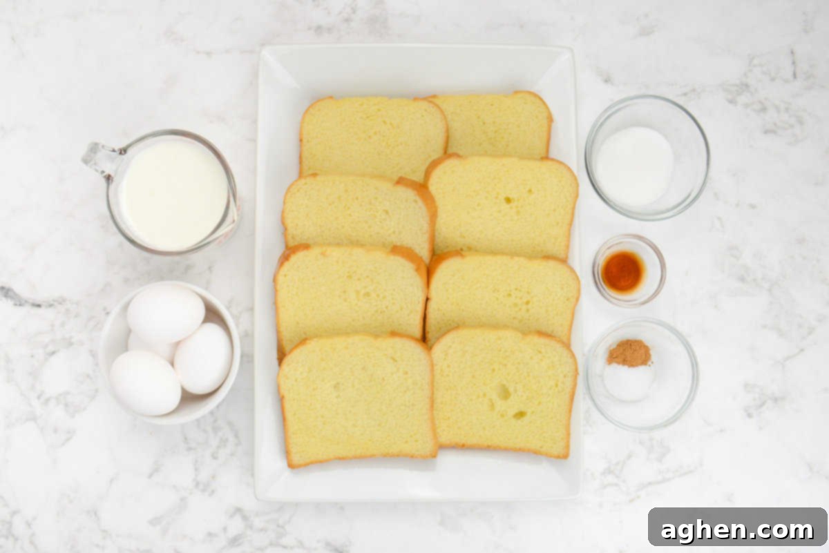 Unlock Legendary Blackstone French Toast with 7 Easy Steps 3 All of the ingredients needed to make the recipe are placed in small bowl. A large plate of bread sits in the center.