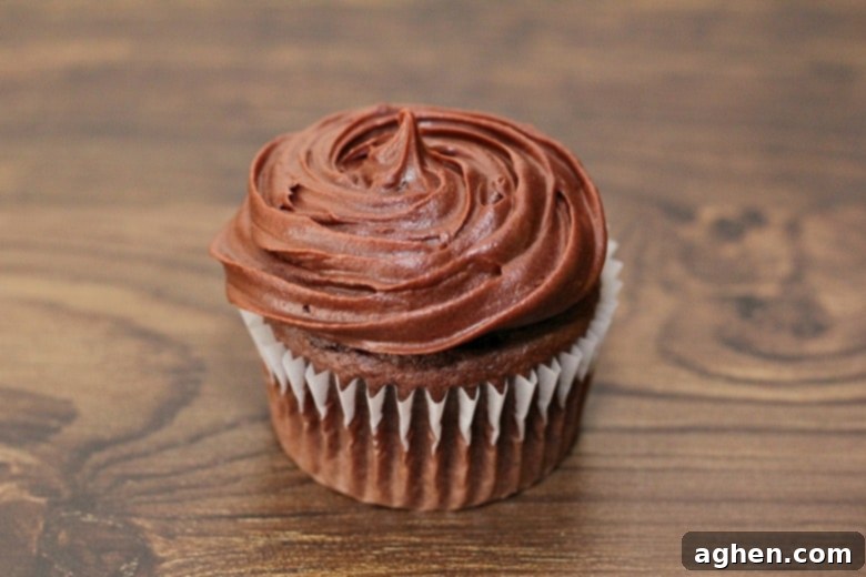 Chocolate cupcake freshly iced with chocolate fudge icing.