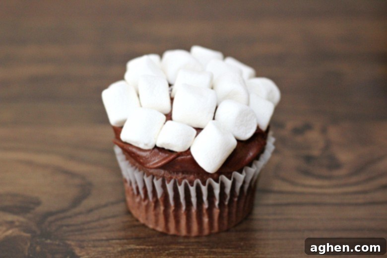 Chocolate cupcake covered with chocolate fudge icing and a generous layer of mini marshmallows.