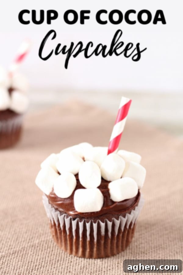 A Pinterest-optimized vertical image showing a beautifully decorated hot chocolate cupcake, perfect for saving this easy recipe for later.