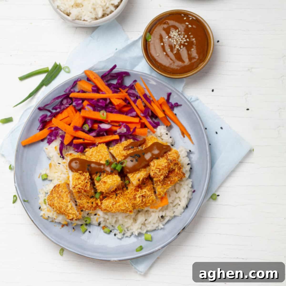Weight Watchers Air Fryer Katsu The Crispy Healthy Game Changer 2 Chicken Katsu platted with a bowl of rice