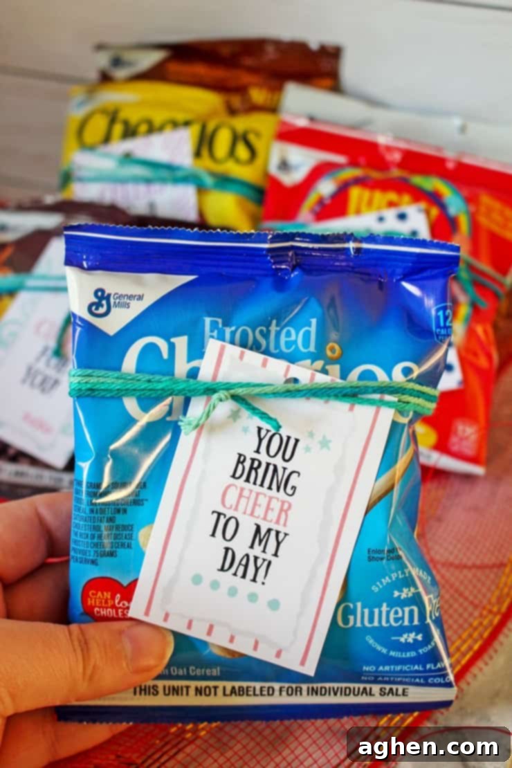 Use the provided free printable cereal valentine tags to make fun valentines to hand out to the kids in the classroom. Available with 8 different sayings!