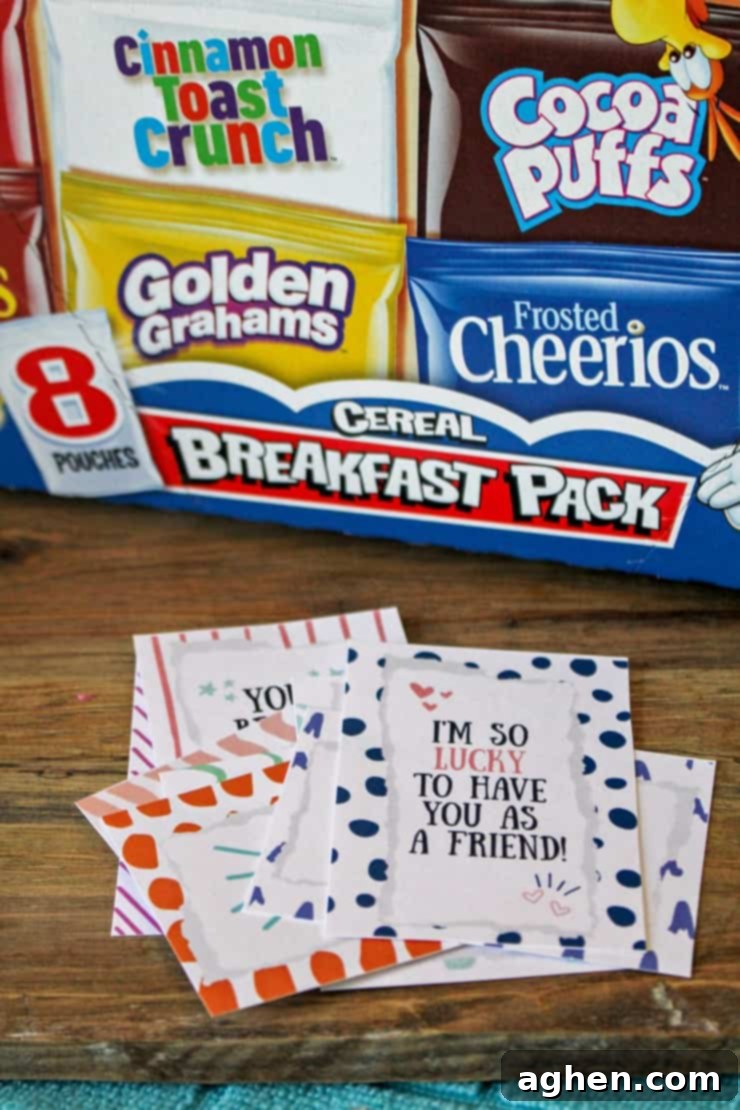 Printable Cereal Valentine Tags next to box of assorted cereals