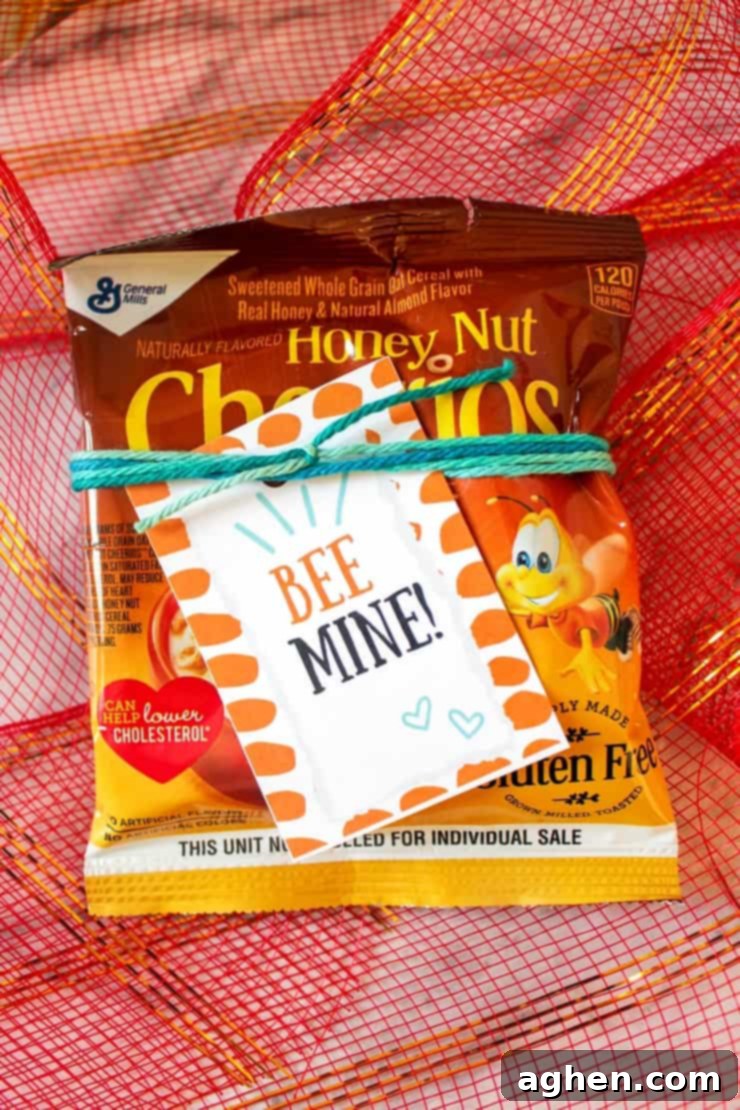 Bee Mine gift tag tied to a bag of Honey Nut Cheerios