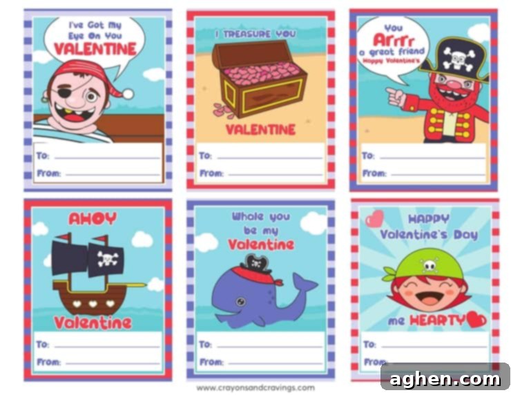 Close-up of cute pirate Valentines Day card printables for kids with various pirate puns and illustrations.