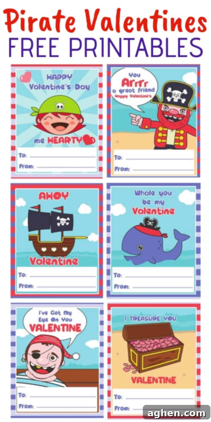 Pinterest graphic for Free Printable Pirate Valentines for Kids with funny puns and cute illustrations.