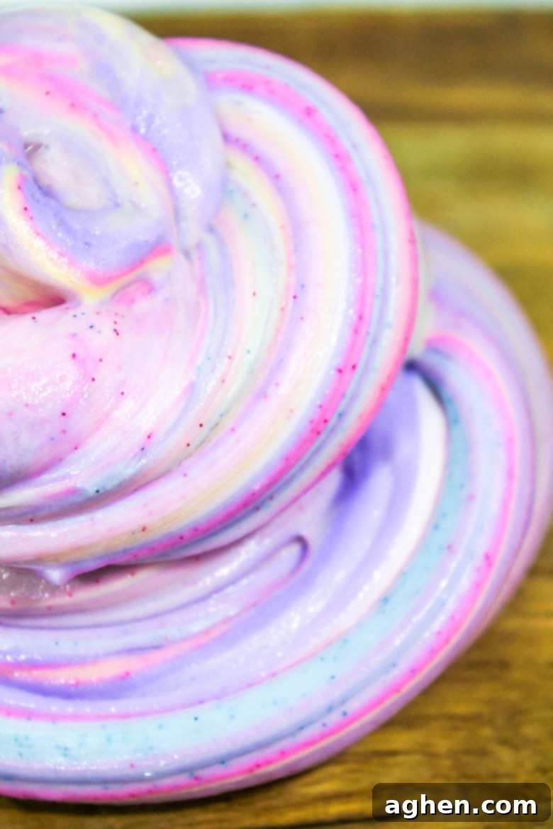 Close-up of fluffy, glittery unicorn poop slime