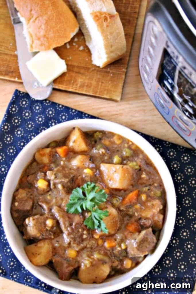 A bowl of rich, hearty Instant Pot beef stew, featuring tender meat and vegetables, served alongside crusty French bread for a perfect comfort meal.