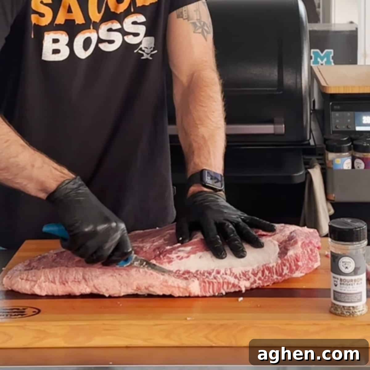 Traeger Brisket The Ultimate Guide To Perfection 4 Brisket being carefully trimmed with a sharp knife on a cutting board, showing excess fat being removed for optimal cooking