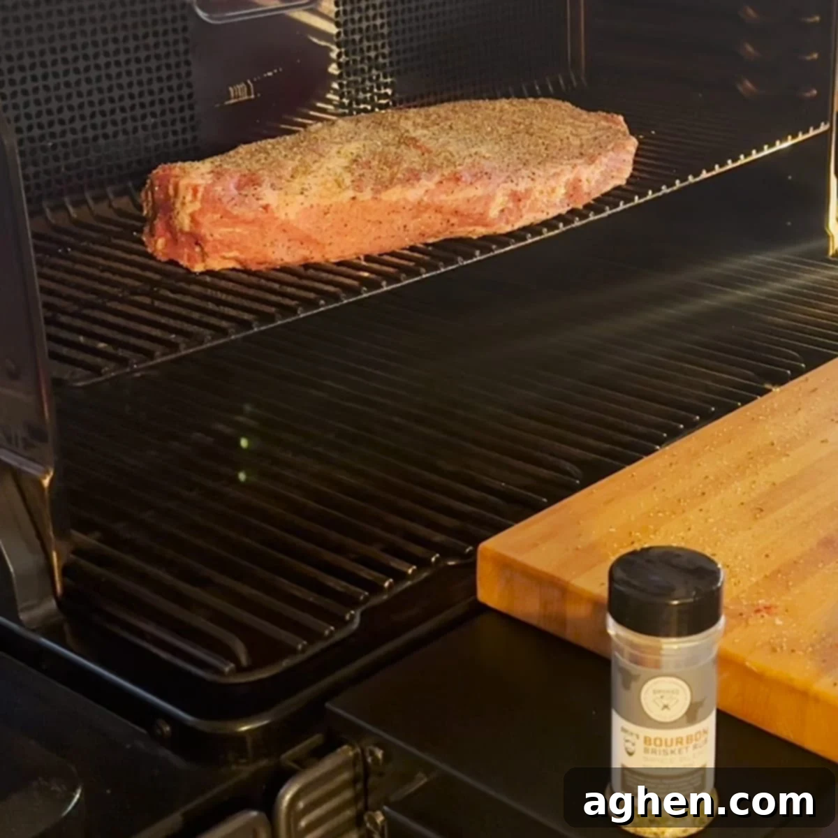 Traeger Brisket The Ultimate Guide To Perfection 6 Brisket smoking on a Traeger grill during the overnight phase, with an internal temperature probe monitoring progress
