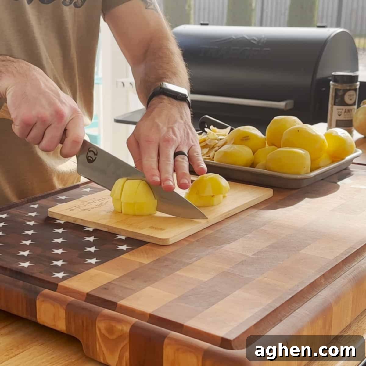 Peeled and diced potatoes in boiling water