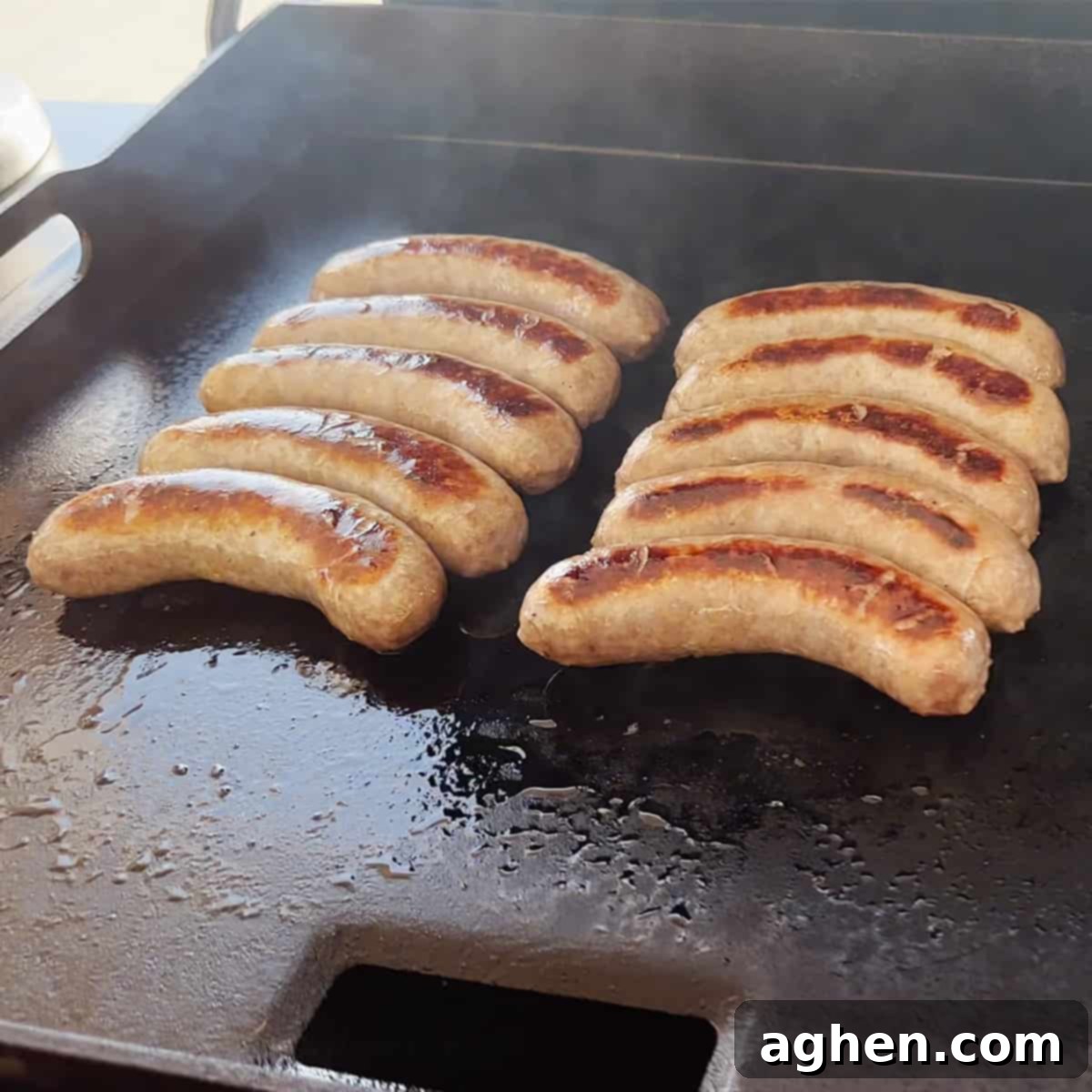 Sausages searing on Traeger Flatrock