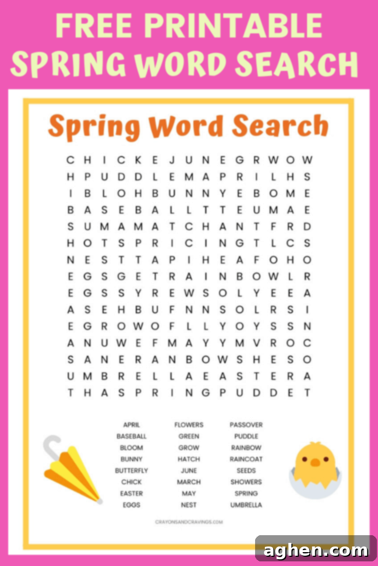 Free Printable Spring word search with graphics of an umbrella and baby chick hatching from an egg, surrounded by flowers.