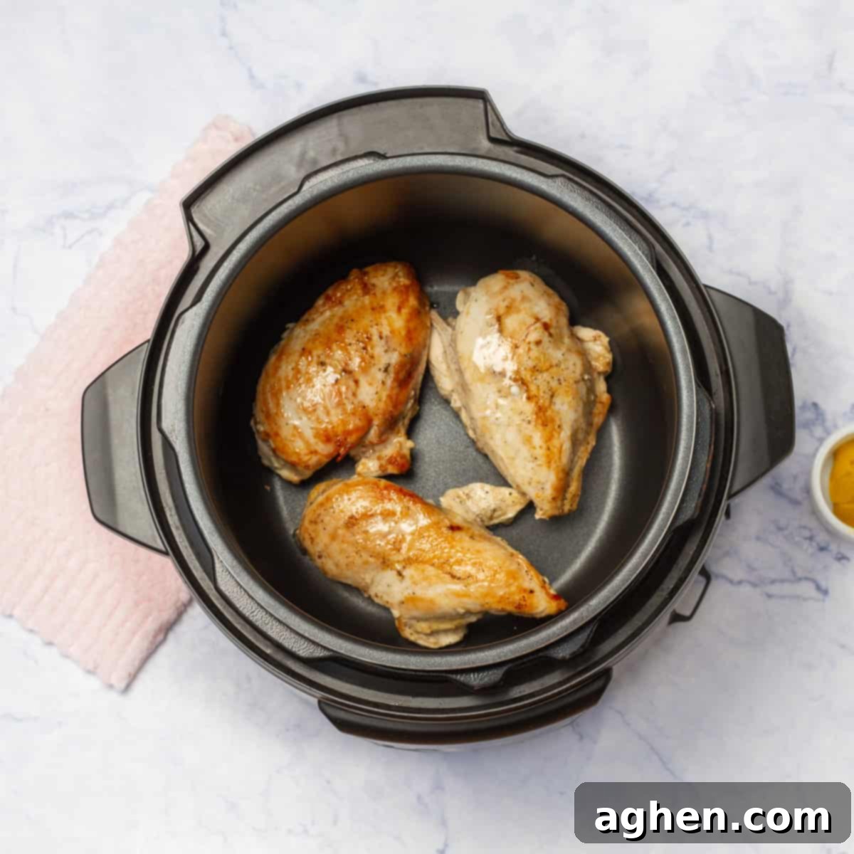 Instant Pot Honey Mustard Garlic Chicken: A Weight Watchers Game Changer 5 chicken breasts in the pot and seared them on both sides until golden brown