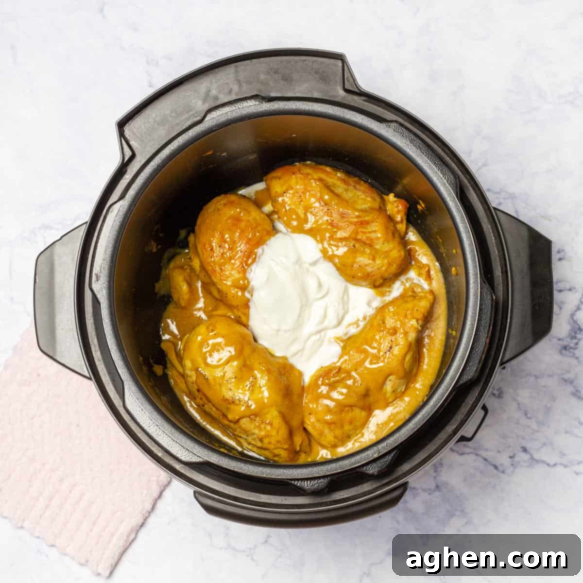 Instant Pot Honey Mustard Garlic Chicken: A Weight Watchers Game Changer 7 Greek yogurt added into cooked Honey Mustard Garlic Chicken
