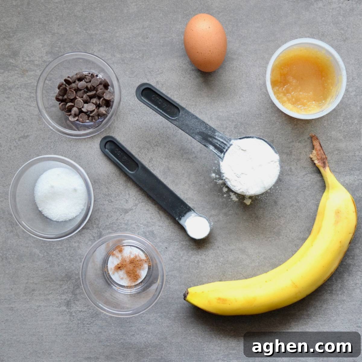 Easy Weight Watchers Banana Chocolate Chip Mug Cake 3 Ingredients needed for banana mug cake arranged neatly