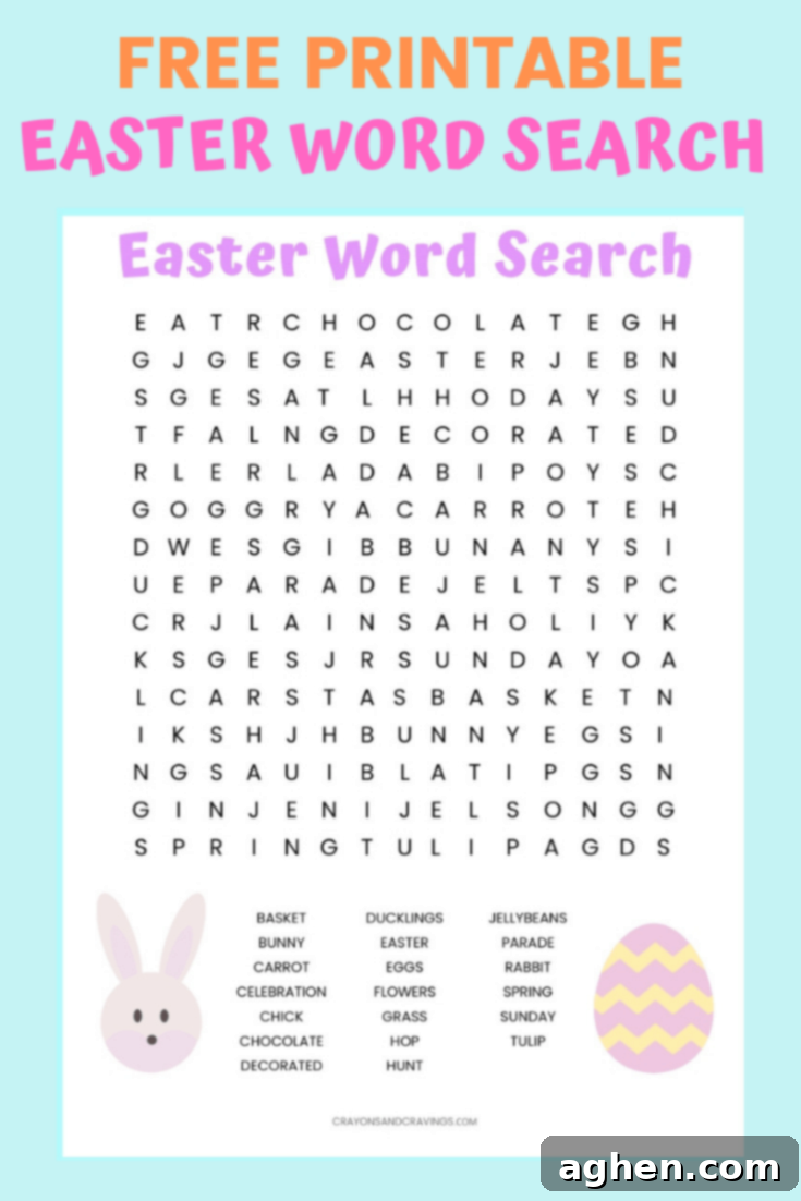 Free Printable Easter Word Search with a word back, bunny graphic, and easter egg graphic. 