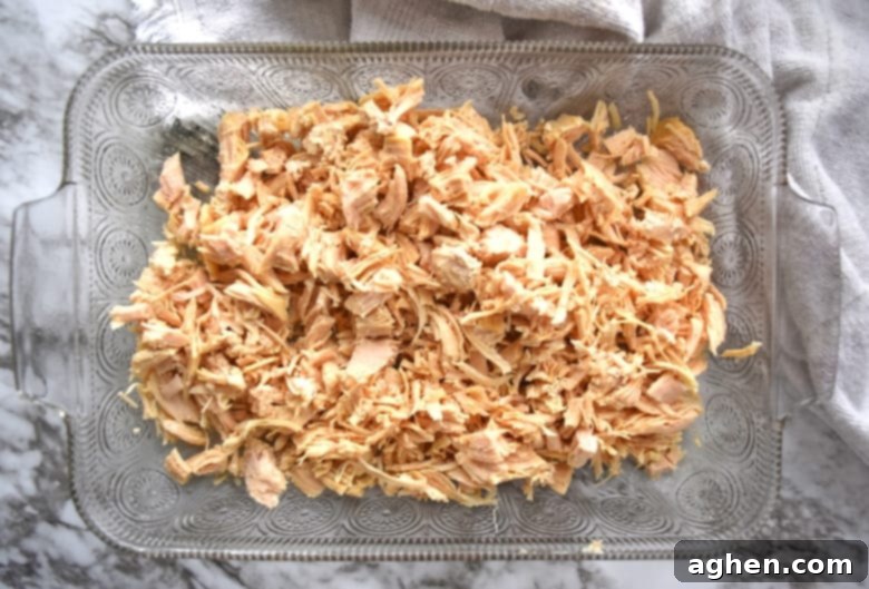 Shredded chicken in casserole dish