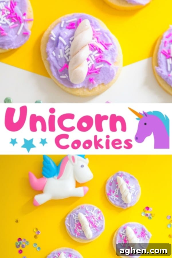 Unicorn cookies -- complete with purple frosting, a unicorn horn, and sprinkles -- make a truly magical dessert for your unicorn party!