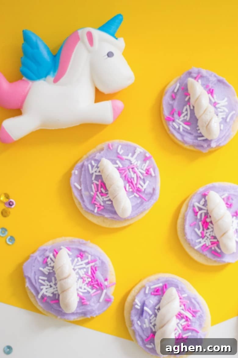 Easy unicorn cookies with fondant unicorn horn and sprinkles