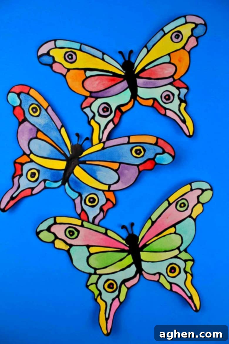 How to make a faux stained-glass butterfly craft using cardstock, glue, watercolors, and the provided printable butterfly template.