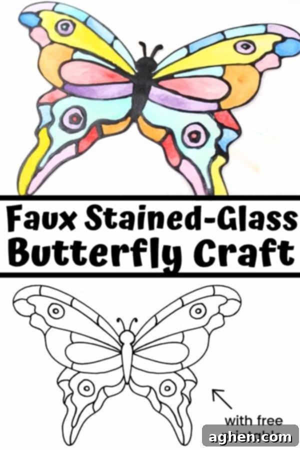 How to make a faux stained-glass butterfly craft using cardstock, glue, watercolors, and the provided printable butterfly template.