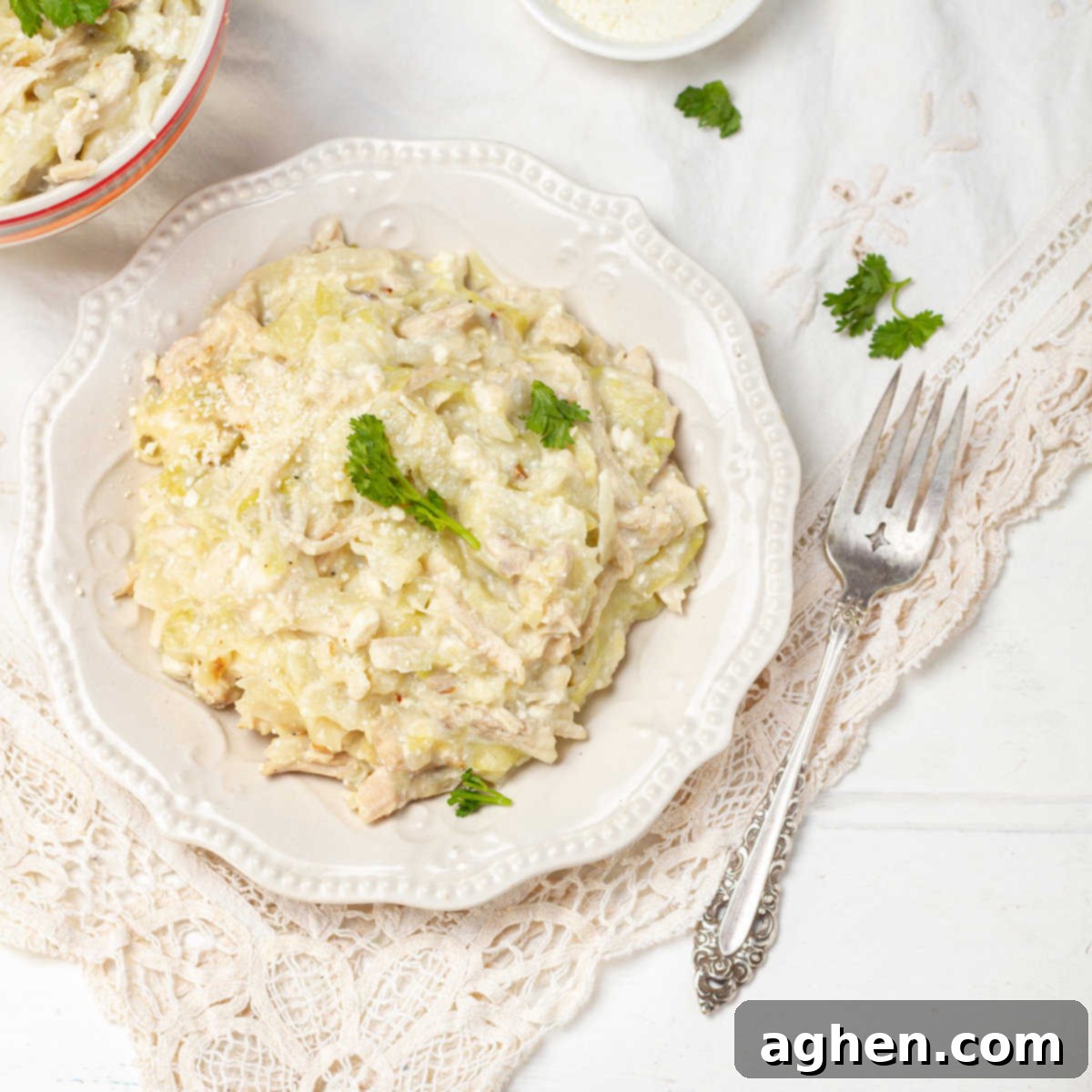 Instant Pot Chicken Cabbage plated with fork