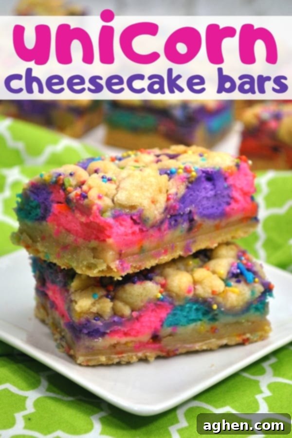A single magical Unicorn Cheesecake Bar, beautifully layered with pink, purple, and blue cheesecake, a sugar cookie crust, and rainbow sprinkles.