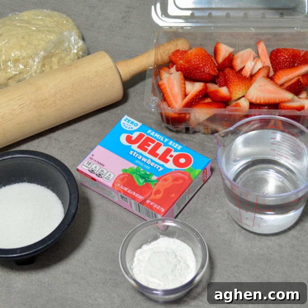 Delightfully Light Strawberry Pie 3 Jell-O mix, strawberries, and other baking ingredients