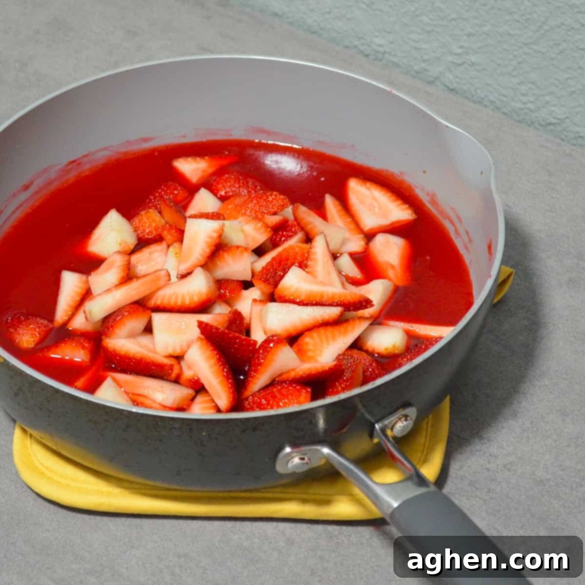Delightfully Light Strawberry Pie 4 Skillet with jello mixture and strawberries