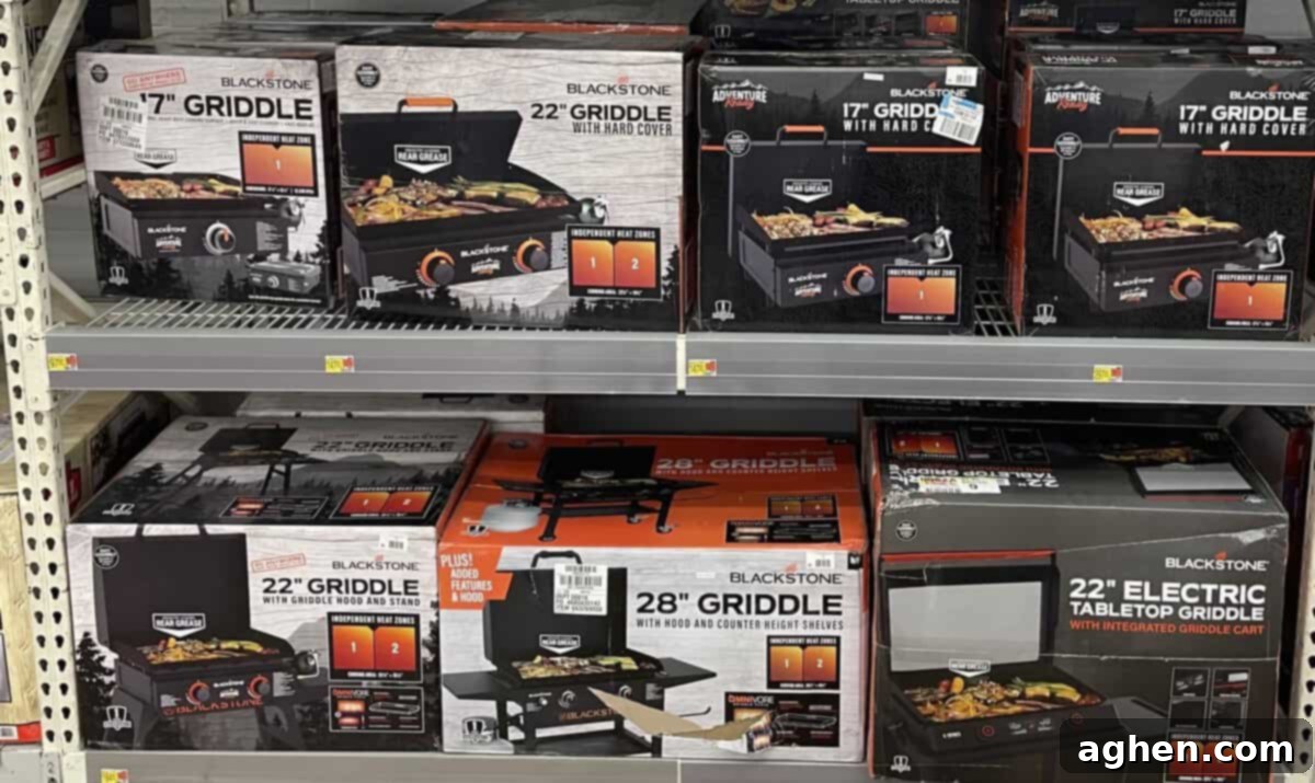blackstone griddles in boxes on display at a retail store