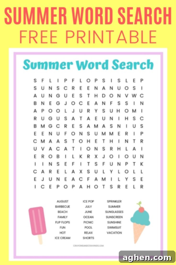 Free Summer word search printable worksheet with 23 Summer themed vocabulary words. Perfect for the classroom or as a fun seasonal activity at home.