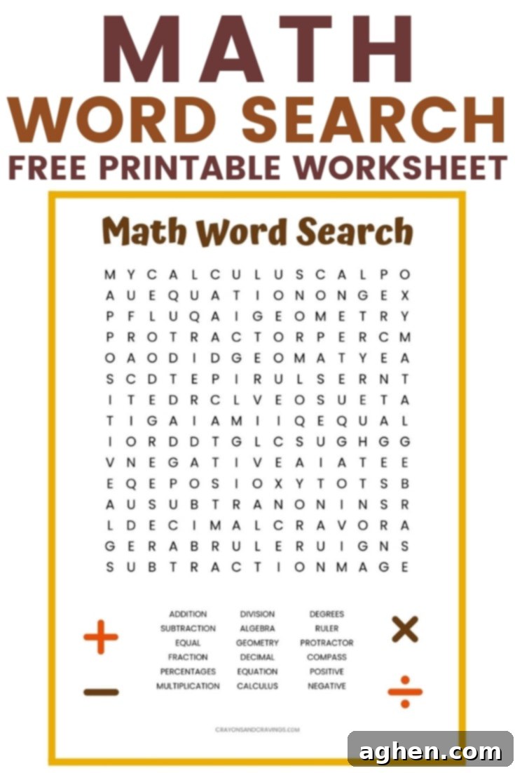 Free printable math word search puzzle featuring 18 terms for students