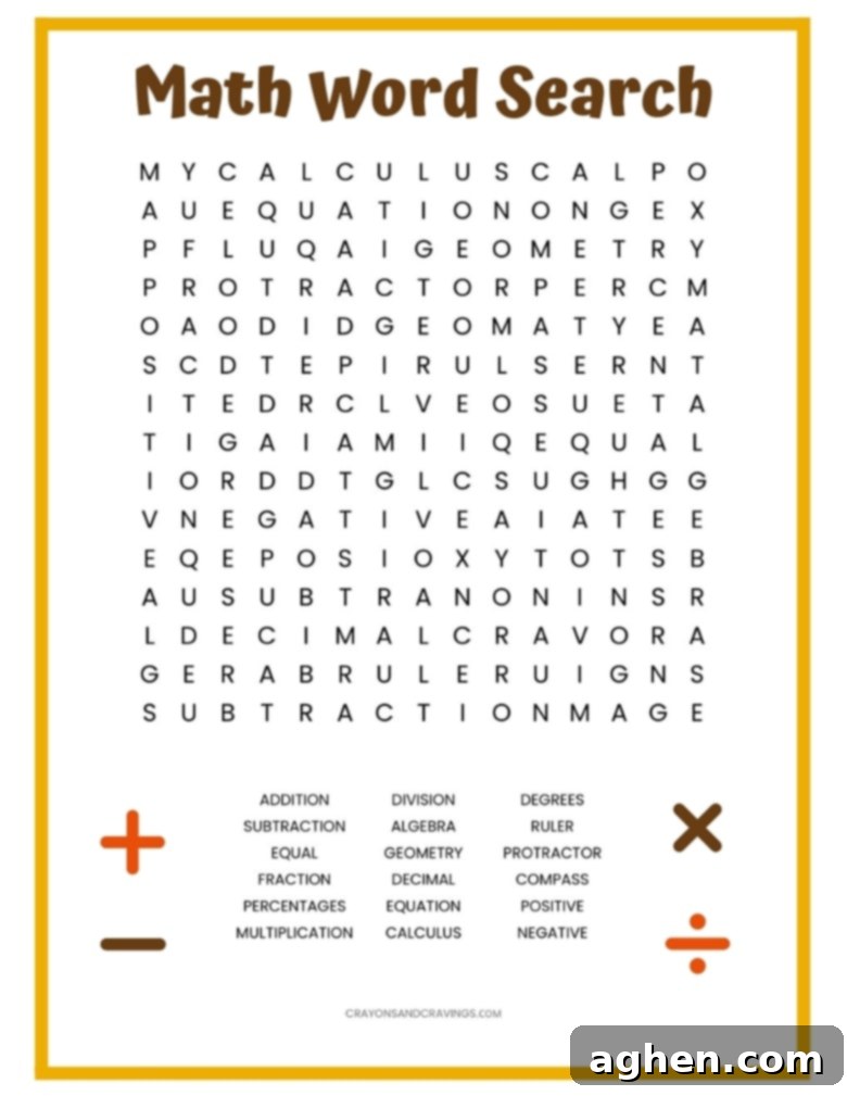 Sample of the math word search printable with terms highlighted