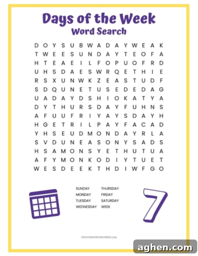 A days of the week word search puzzle printable designed to help reinforce the spelling of the days of the week for kids.