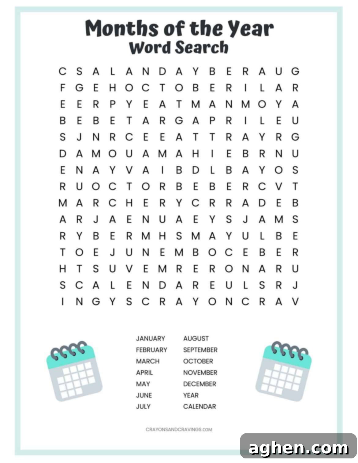 Months of the Year Word Search Free Printable