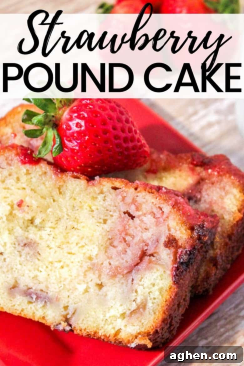 Strawberry yogurt pound cake with bits of fresh strawberries and a moist texture.
