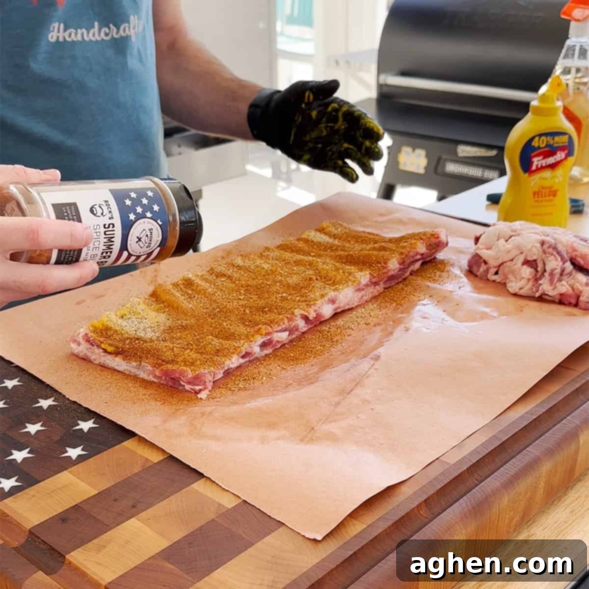 Perfect Traeger Fall Off The Bone Ribs 3 Preparing pork spare ribs by applying yellow mustard binder and BBQ rubs.