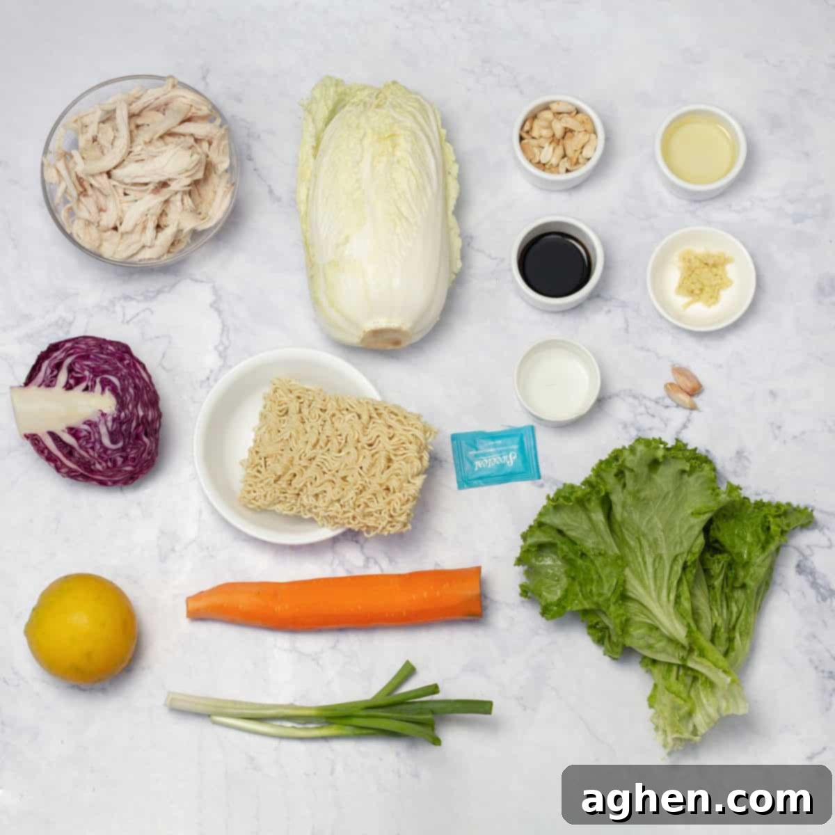 Fresh ingredients laid out for Chinese Chicken Salad, including cabbage, carrots, tangelo, and chicken breast.