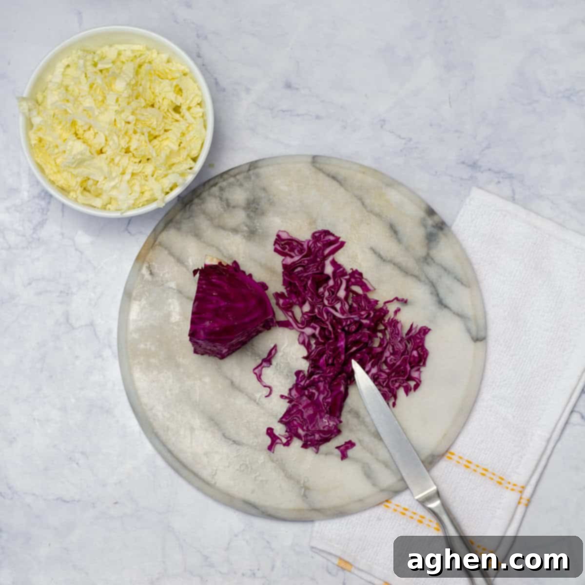 Shredded Purple and Chinese Cabbage, finely chopped, ready for the salad.