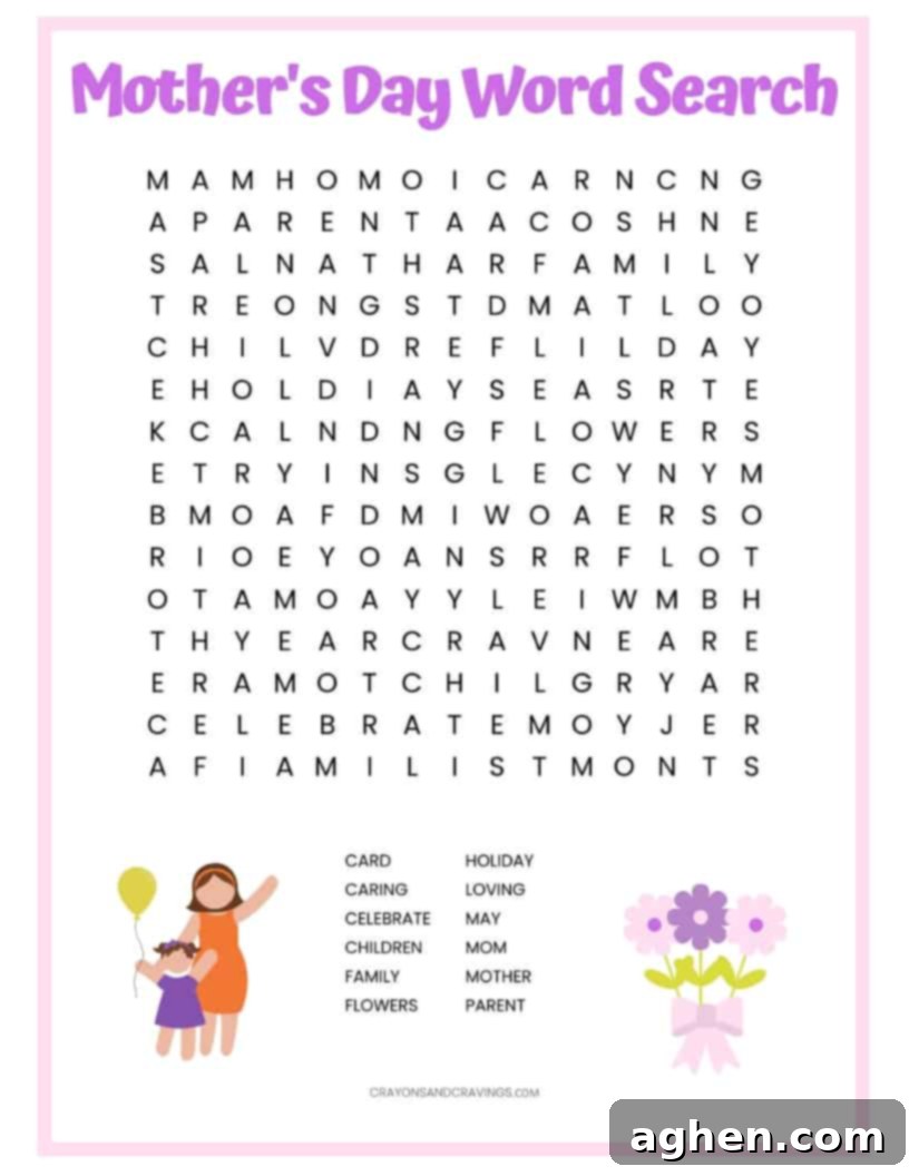 Mother's Day Word Search printable worksheet with 12 Mother's Day themed vocabulary words to find. A fun activity for the kids in the classroom or at home.