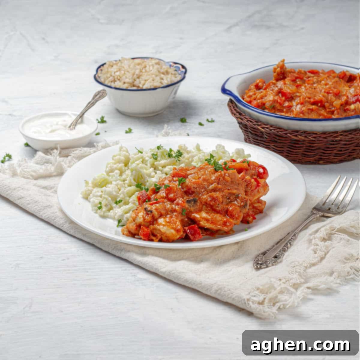 Velvety Chicken Paprikash 9 Serving Chicken Paprikash with cauliflower rice, ready to eat