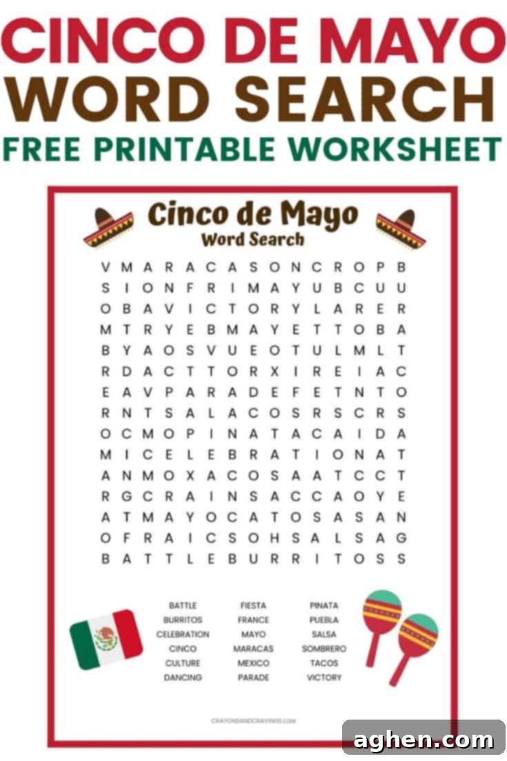Free printable Cinco de Mayo word search worksheet with 18 words to find, a perfect activity for kids in the classroom or at home.