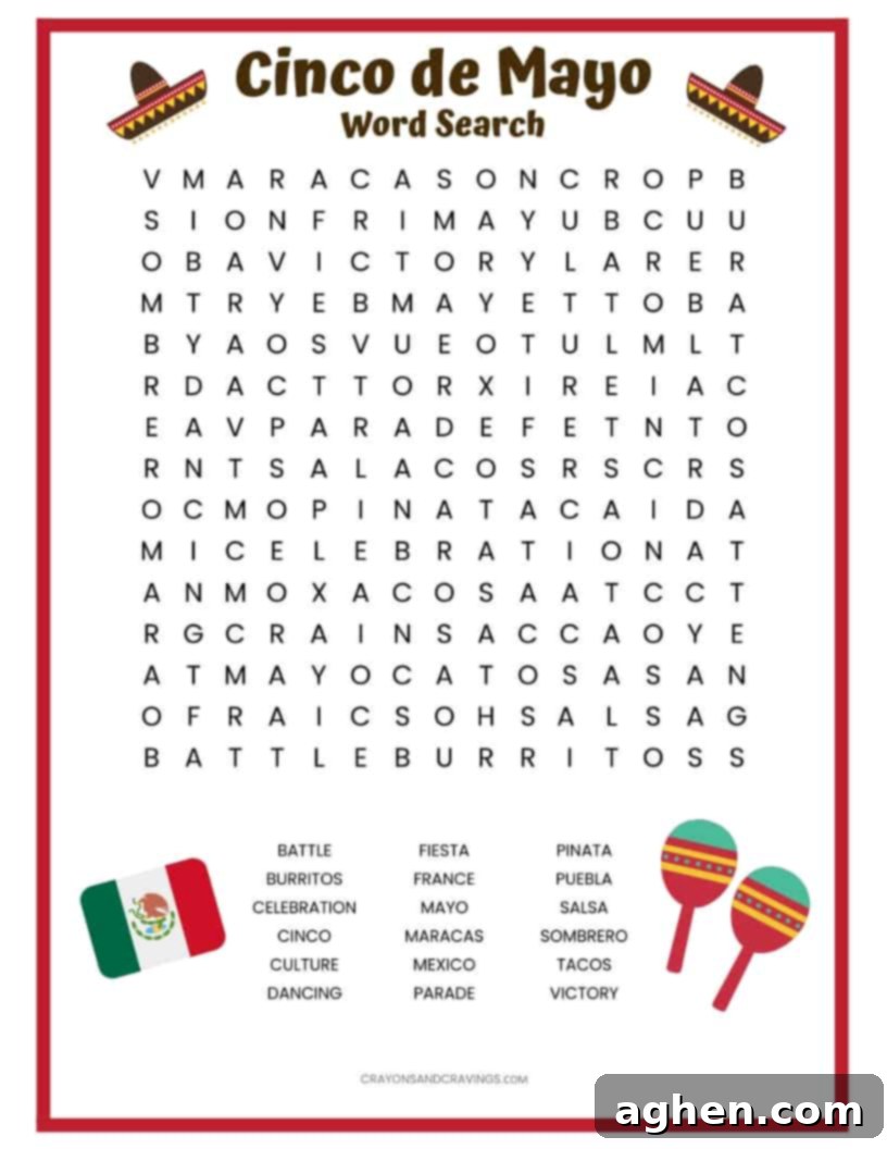 Second image of the Cinco de Mayo word search printable worksheet, showing the puzzle grid and words to find for kids' activity.